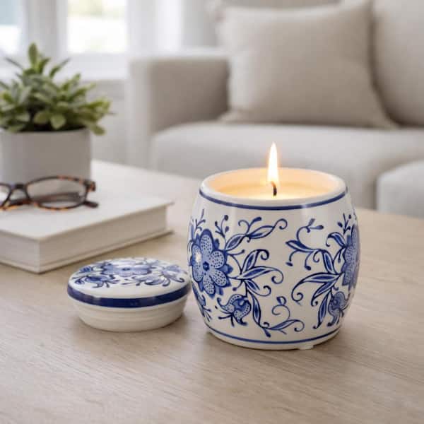 8 oz. Blue/White Lavender Verbena Scented Chinoiserie Single Wick Candle, 4 in.