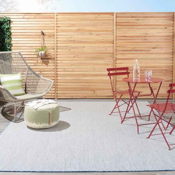 Courtyard Ivory Blue 10 ft. x 14 ft. Solid Geometric Contemporary Indoor/Outdoor Area Rug
