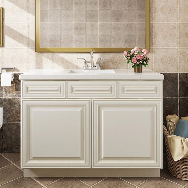 Hausvita 48 in. W x 21 in. D x 34.5 in. H in Cameo White Plywood Ready to Assemble Floor Vanity Sink Base Kitchen Cabinet