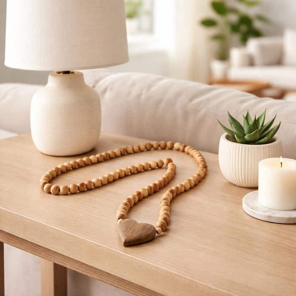 Light Brown 28 in. x 1 in. Wood Beaded Garland with Heart