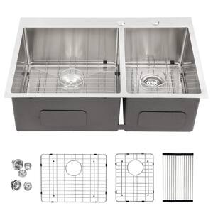 33 in. Drop-In/Topmount Double Bowl 16 Gauge Stainless Steel 60/40 Kitchen Sink with Bottom Grids