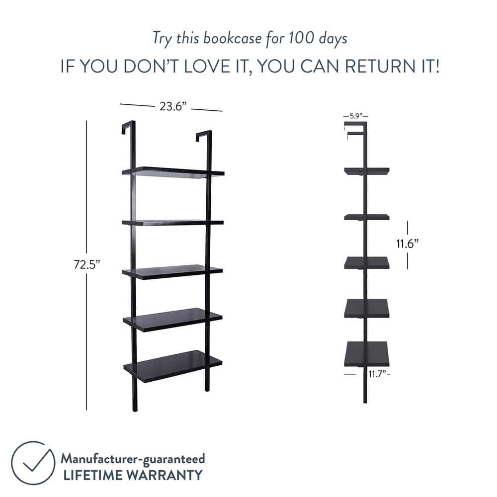 Matte Black Wood 73" Industrial Ladder Bookcase