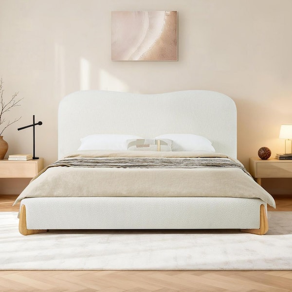 Nadia Beige Nature Wood Upholstered Bed Frame King Platform Bed with Arch Headboard, Waterproof, No Box Spring Needed