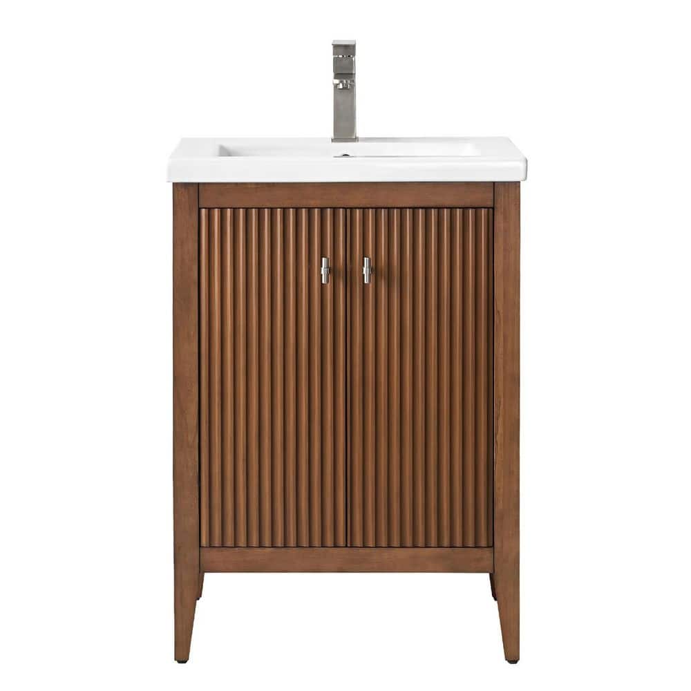 Walnut and White Ceramic Single Sink Bathroom Vanity Cabinet