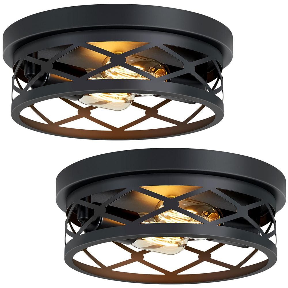 2 Pack 10.63 in. 2-Light Round Matte Black Flush Mount Ceiling Light with Hollow‑Cut Cage for Kitchen, Bulb not included price history on PriceWatchPro