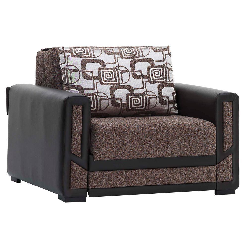 Brown convertible armchair with a geometric patterned back cushion.