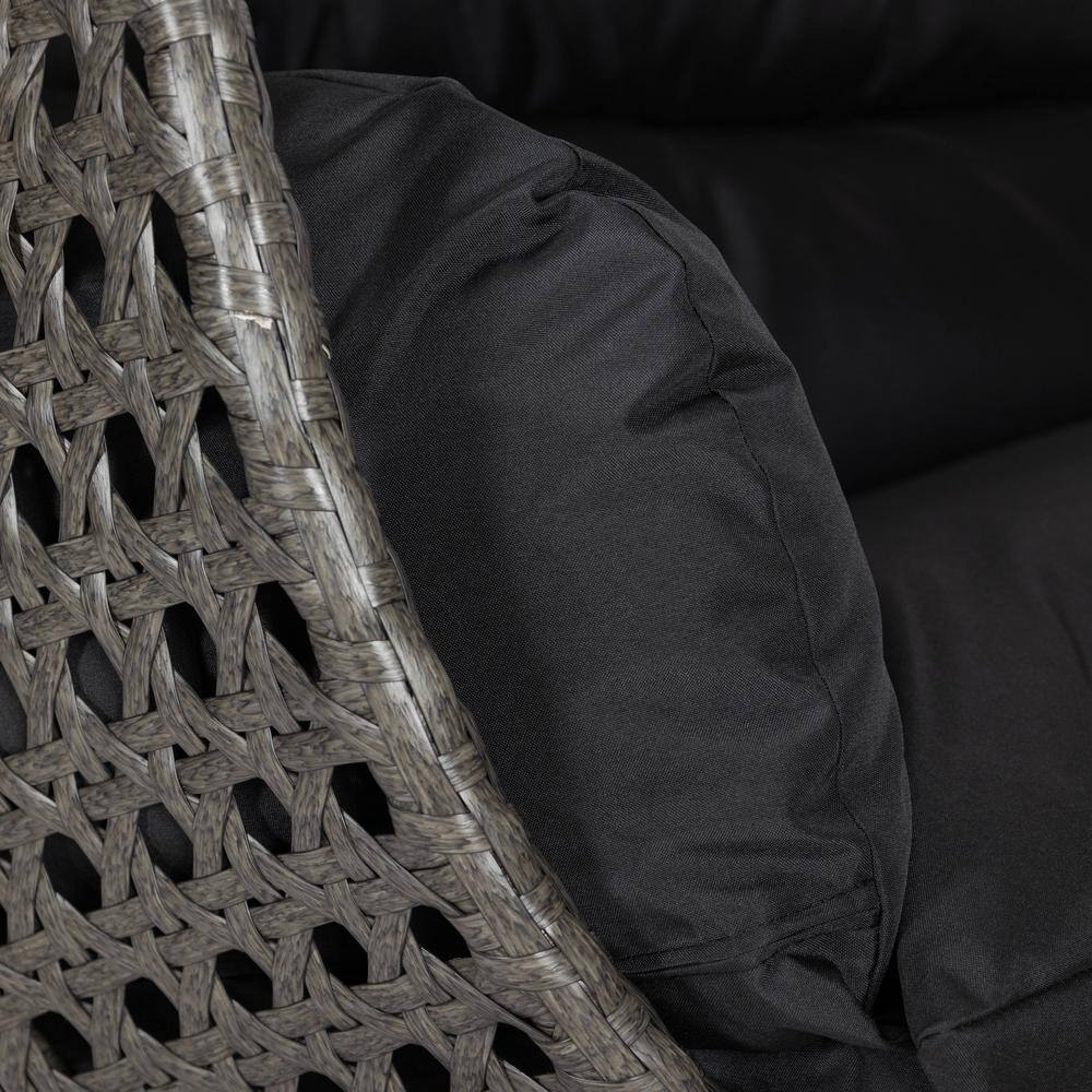 Charcoal Wicker Hanging Egg Chair with Black Cushions