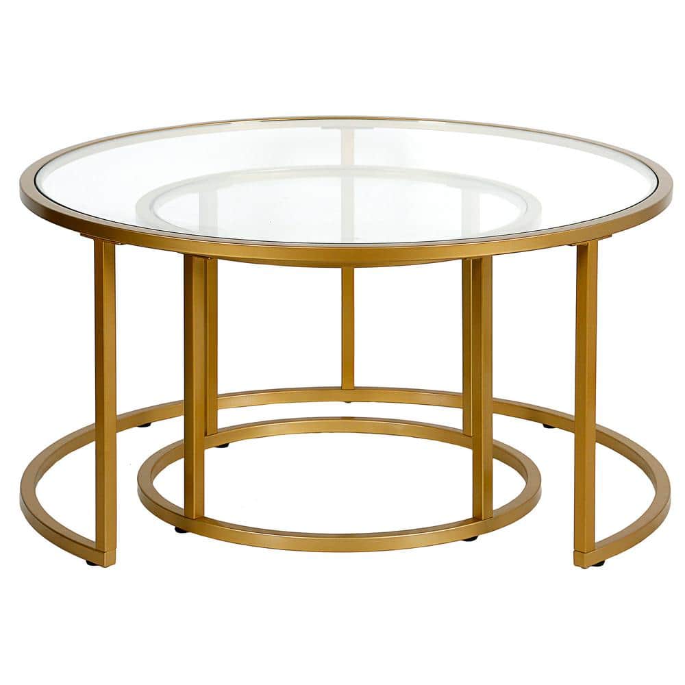 Round Brass and Glass Nesting Coffee Table Set