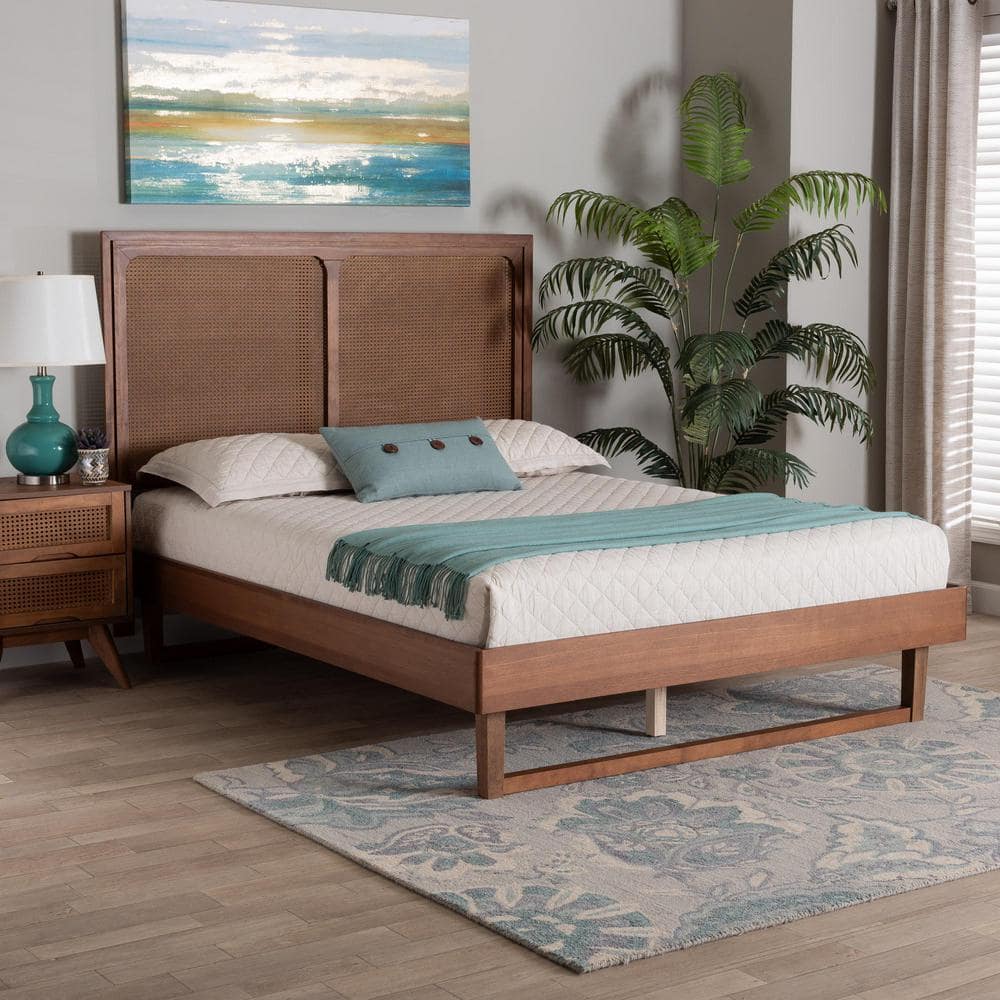 Walnut Brown Queen Wood Frame Upholstered Bed with Rattan Headboard
