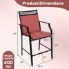 Measurement diagram of a red metal outdoor bar stool showing height, width, and depth dimensions.