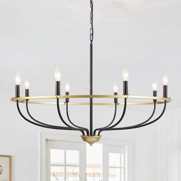 8-Light Black and Gold Modern Hanging Candlestick Linear Chandelier Lighting Fixture for Kitchen Island