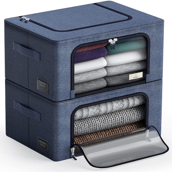 Storage Bins, Organizers with Metal Frame, Handles, and Window, Blue 15.75 in. x 8 in. Fabric Decorative Box (Set of 2)