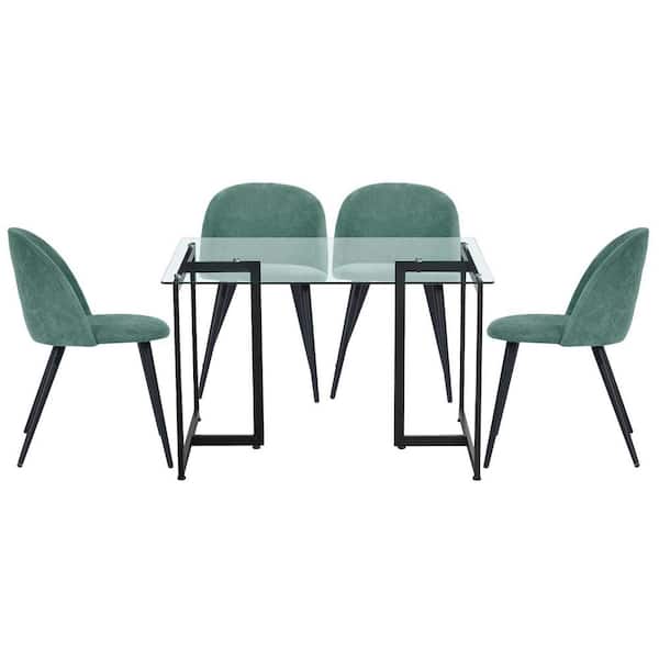 Homy Casa Slip Zomba Green 5-Pcs Dining Set with Glass Top Black Leg Table and Fabric Upholstered Chairs