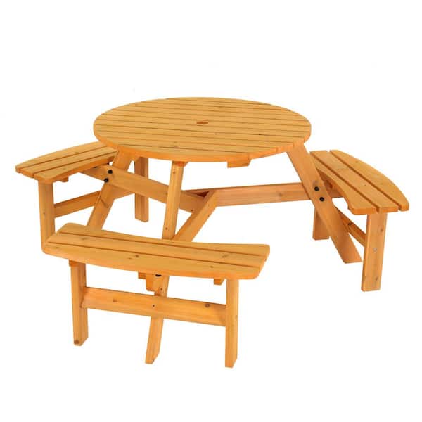Karl home 35.4 in Natural Round Wood Picnic Table Seats 6 People with Umbrella Hole
