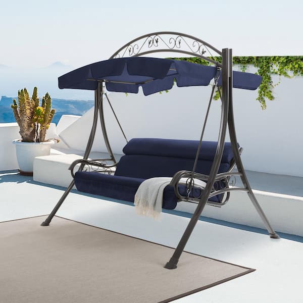 blue porch swing with canopy