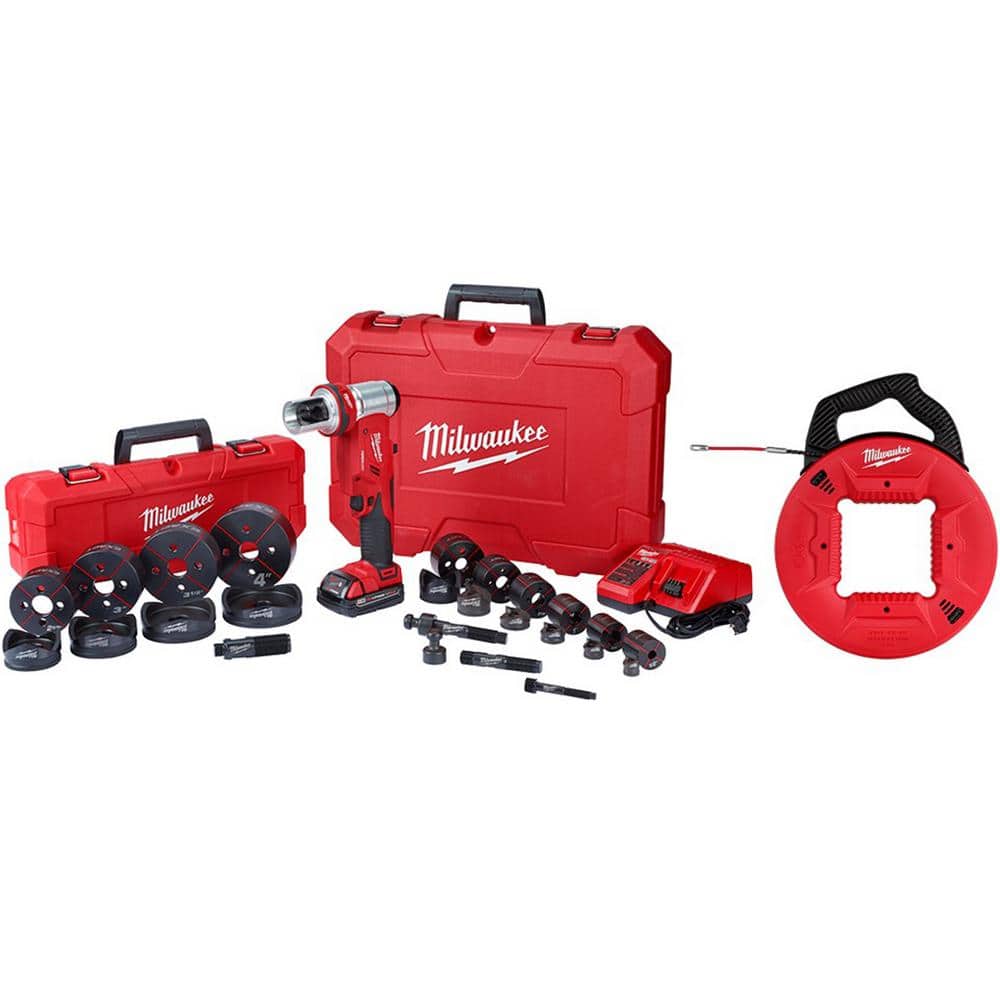 Milwaukee M18 18-Volt Lithium-Ion 1/2 in. to 4 in. Force Logic 6-Ton Cordless Knockout Tool Kit with Die Set & Fish Tape -  2677-23-48-22