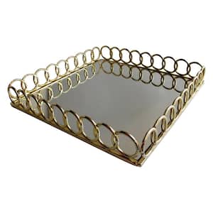 15 in. x 3.5 in. Looped Electroplated Gold Metal and Glass Square Serving Tray