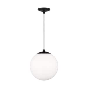 Leo 14 in. Extra Large 1-Light Matte Black Hanging Globe Pendant Light with Smooth White Glass Shade, LED Bulb Included