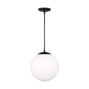 Leo Hanging Globe 14 in. 1-Light Midnight Black Pendant Light with Smooth White Glass Shade