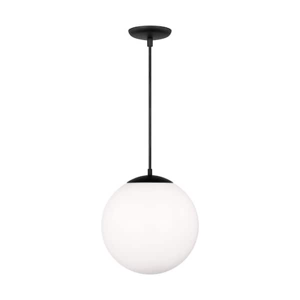 Generation Lighting Leo Hanging Globe 14 in. 1-Light Midnight Black Pendant Light with Smooth White Glass Shade and LED Light Bulb