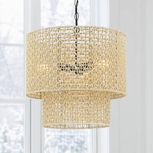 Bohe 19 in. 4-Light Bohemian Pendant with Natural Rattan Shade