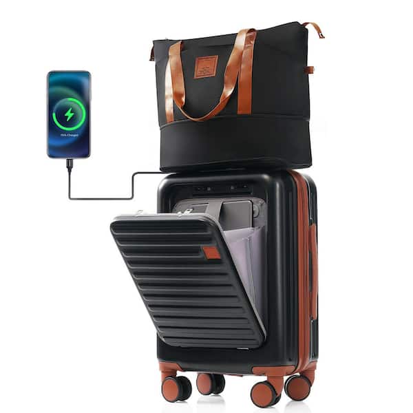 Merax Front Opening 2-Piece Black and Brown 20 in. ABS Hardshell Spinner Luggage Set with Travel Bag, USB Ports, Cup Holder