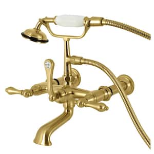 Vintage 3-Handle Wall-Mount Clawfoot Tub Faucet with Hand Shower in Brushed Brass