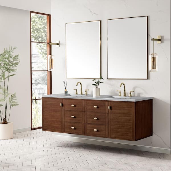 James Martin Vanities Amberly 72.0 in. W x 23.5 in. D x 34.7 in . H Bathroom Vanity in Mid-Century Walnut with Arctic Fall Solid Surface Top