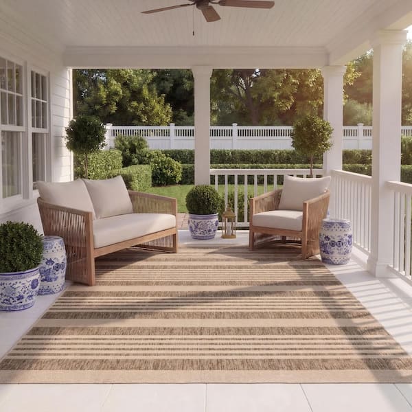 Courtyard Brown/Bone 8 ft. x 11 ft. Striped Indoor/Outdoor Patio  Area Rug