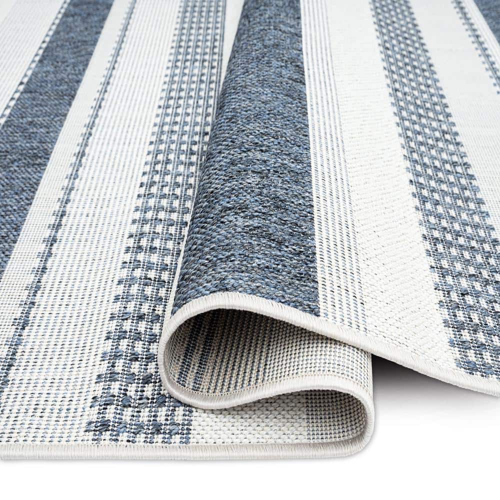 Dark Blue and Cream Striped Synthetic 8' x 10' Indoor/Outdoor Rug