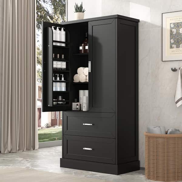 Unbranded 31.3 in. W x 16 in. D x 64 in. H Black Linen Cabinet with Adjustable Shelf 2 Doors and Drawers GW24