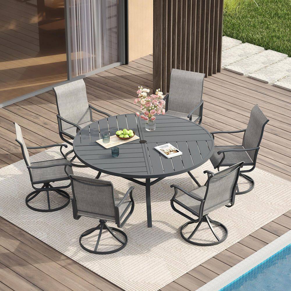 7-Piece Metal Outdoor Patio Dining Set with 50 in. Grey Round Dining Table and 6 Grey Textilene Swivel Dining Chairs