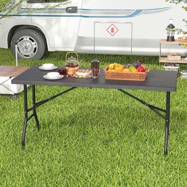 60 in. Black Rectangle Steel Outdoor Folding Picnic Tables Seats 4-6 People with HDPE Tabletop