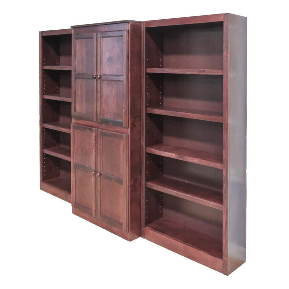 Cherry Finish Tall Wood Bookcase Wall with Adjustable Shelves and Doors