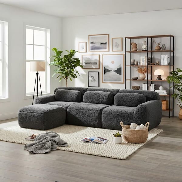 Homy Casa 114.7 in. 3-Seat Plush Microfiber L-Shaped Modular