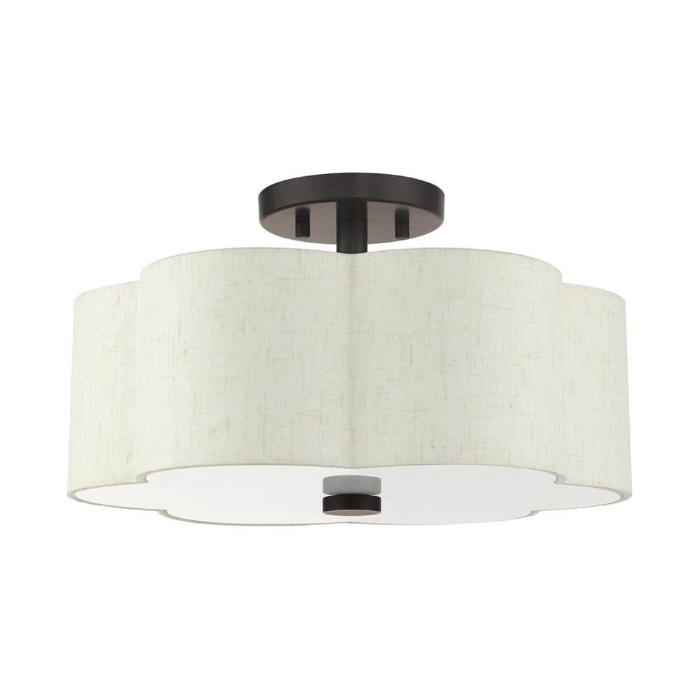 Solstice English Bronze 3-Light Indoor Drum Flush Mount with Oatmeal Shade
