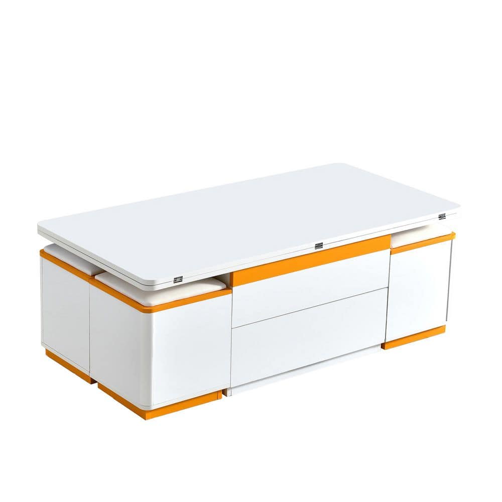 47.2 in. White Rectangle MDF Coffee Table with 4 Storage Stools, Lift-Top and Foldable Top