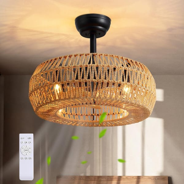 20 in. Indoor Brown Bohemian Rattan Caged 7-Blades Ceiling Fan with Remote for Bedroom Living Room