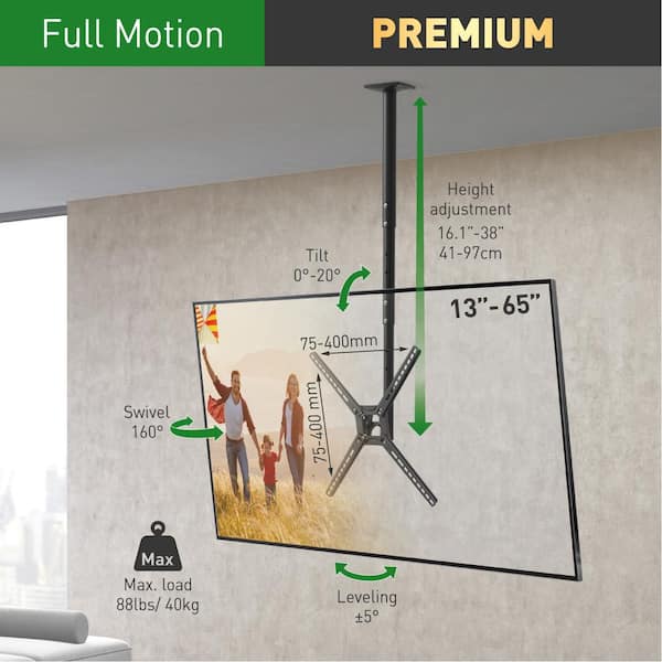 Barkan 29" to 65" Full Motion - 3 Movement Flat/Curved TV Ceiling Mount, White & Black, Telescopic Adjustment