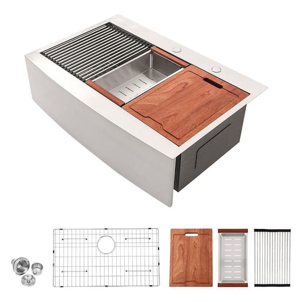 36 in. Drop-in Single Bowl Brushed Nickel Stainless Steel Kitchen Sink with Bottom Grids, Cutting Board and Rolling Rack