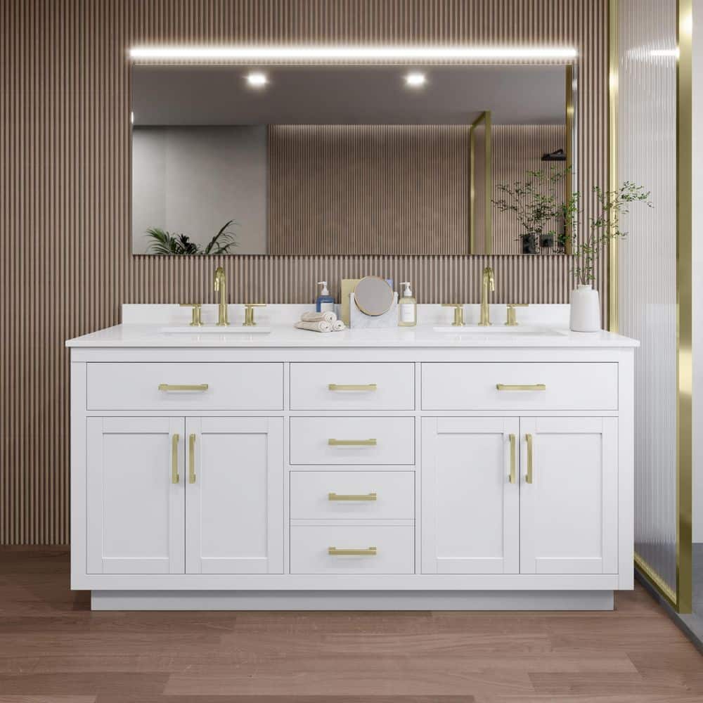 Beckett TK 72 in. W x 22 in. D x 35 in. H Double Sink Bath Vanity in White with Brushed Gold Trim White Quartz Top price history on PriceWatchPro