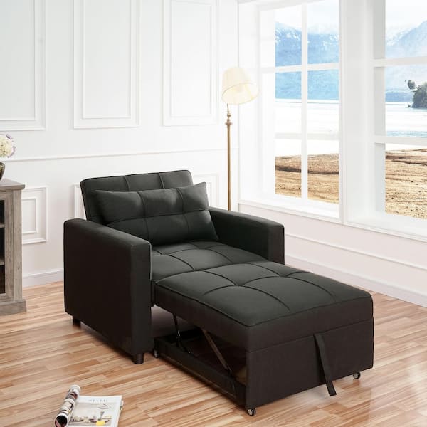 38 in. Black Tufted Linen Twin Size Sofa Bed with Metal Frame, Perfect for Living Rooms and Guest Rooms