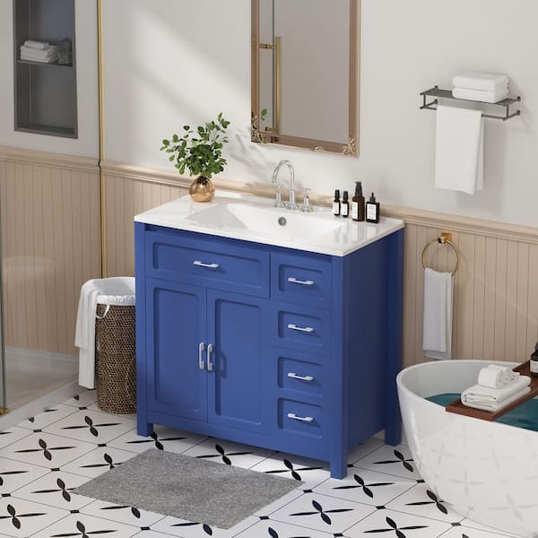 36 in. Single Sink Freestanding Blue Bath Vanity with White Ceramic Top Unassembled