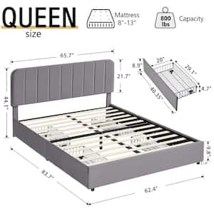 Upholstered Queen Size Platform Bed Frame with 4 Storage Drawers and Headboard Wooden Slats Support Gray