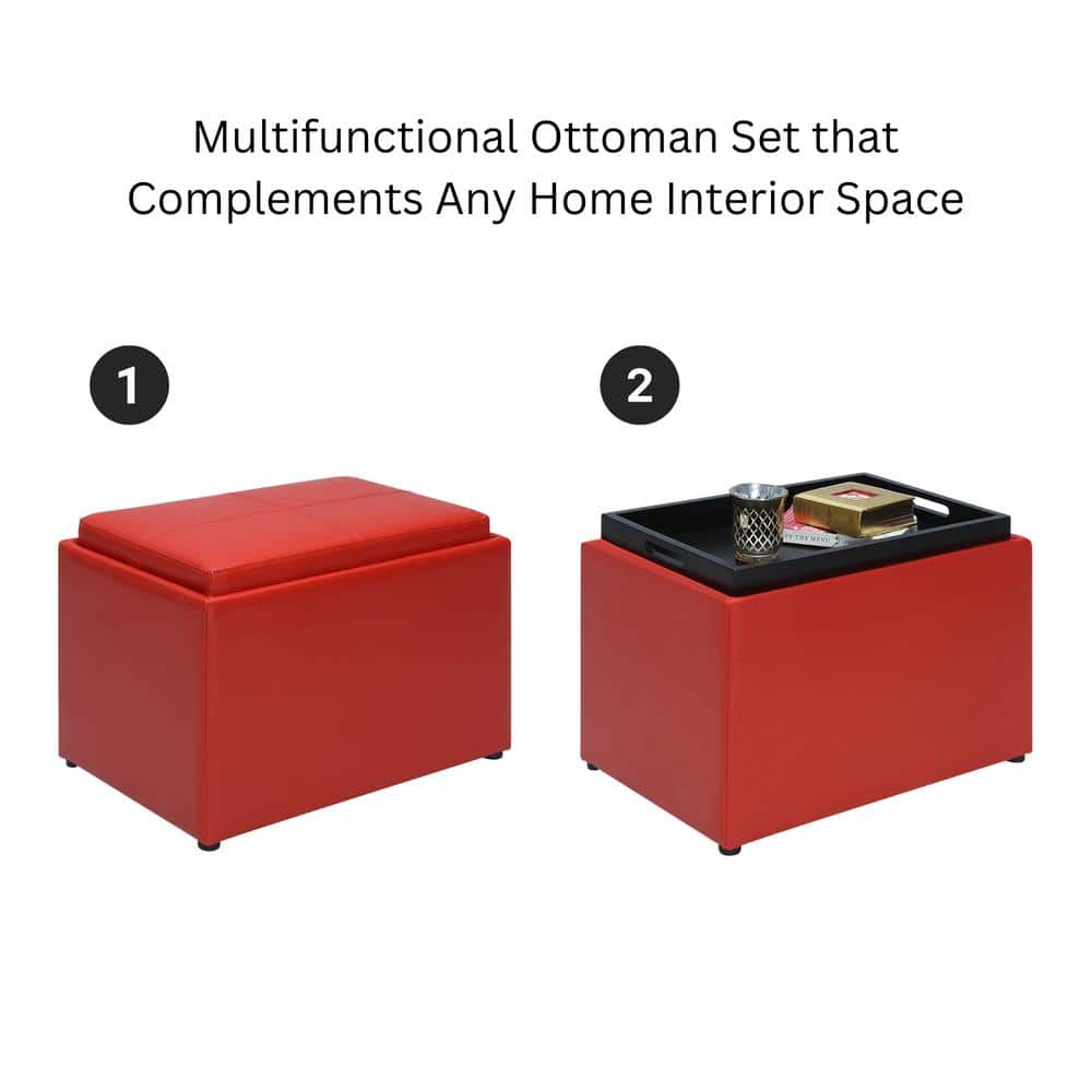 Versatile Bright Red Faux Leather Ottoman with Reversible Tray