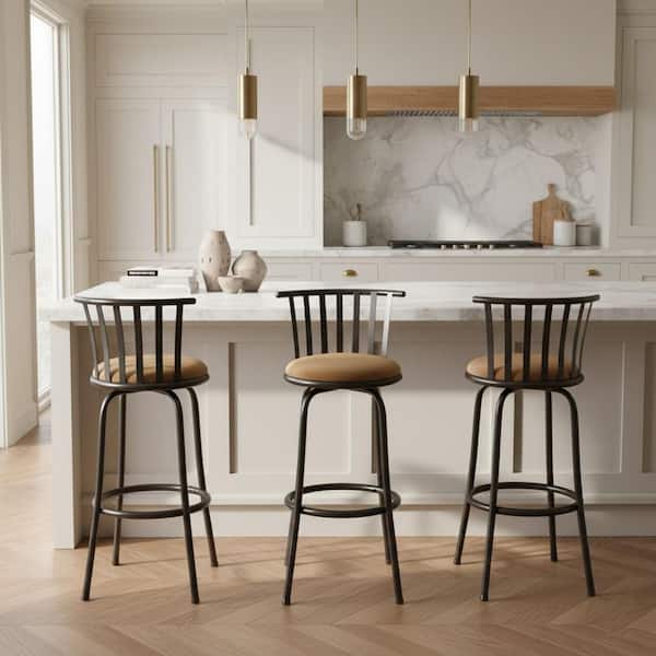 Pistil 29 in. Brown Suede Low-Back Swivel Bar Height Bar Stool, Cushioned with Metal Frame and Footrest (Set of 3)