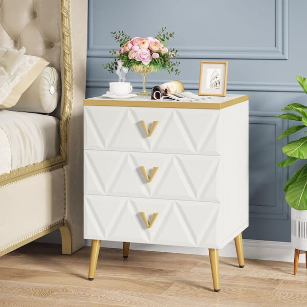 TRIBESIGNS WAY TO ORIGIN Mayville White Gold Nightstand Set of 2  3-Drawers Modern Wooden Storage Sofa Side Bedside End Table Metal Legs 2 Pcs