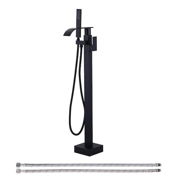 Single-Handle Brass Freestanding Tub Faucet with Hand Shower, Waterfall Floor Mount Bathtub Filler in. Matte Black