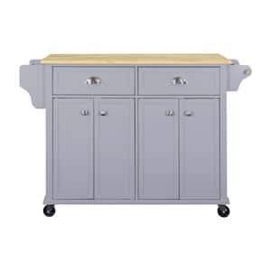 Gray Wood 52  in.. Kitchen Island with Storage Shelves, Rubber Wood Top, Adjustable Storage Shelves, 5-Wheels