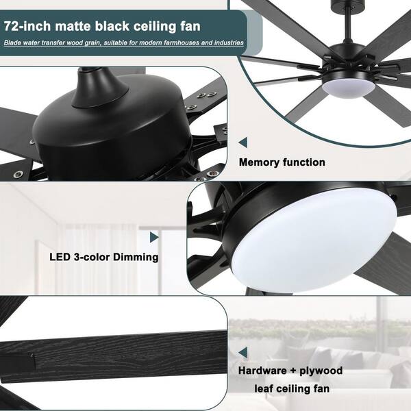 Jushua 72 in. Black Indoor Ceiling Fan with Light Remote